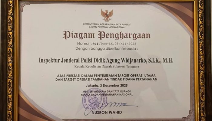 Polda Sultra Raih Pin Emas dari Menteri ATR/BPN atas Keberhasilan Tuntaskan Kasus Pertanahan